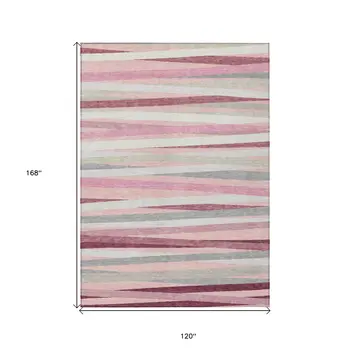 10' X 14' Pink Ivory And Gray Striped Washable Indoor Outdoor Area Rug
