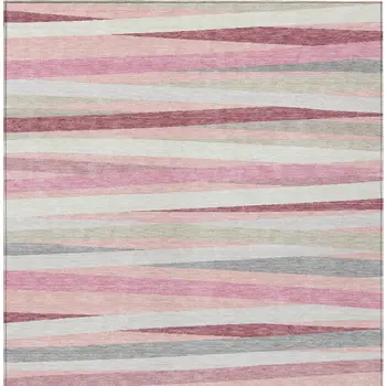 10' X 14' Pink Ivory And Gray Striped Washable Indoor Outdoor Area Rug