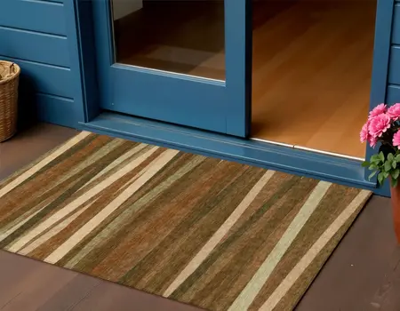 3' X 5' Brown Copper And Beige Striped Washable Indoor Outdoor Area Rug