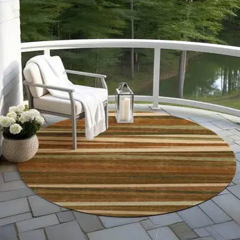 8' Brown Copper And Beige Round Striped Washable Indoor Outdoor Area Rug