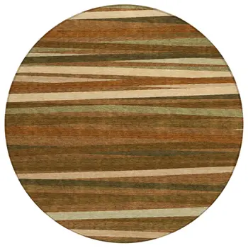 8' Brown Copper And Beige Round Striped Washable Indoor Outdoor Area Rug
