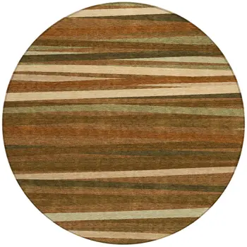 8' Brown Copper And Beige Round Striped Washable Indoor Outdoor Area Rug
