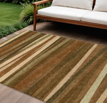 9' X 12' Brown Copper And Beige Striped Washable Indoor Outdoor Area Rug