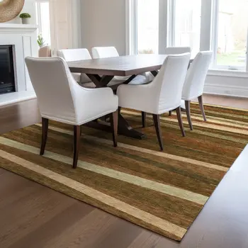 10' X 14' Brown Copper And Beige Striped Washable Indoor Outdoor Area Rug