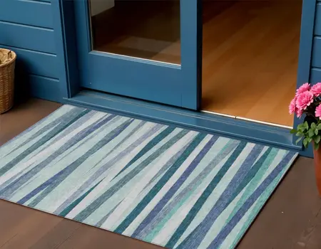 3' X 5' Teal Blue Gray And Ivory Striped Washable Indoor Outdoor Area Rug