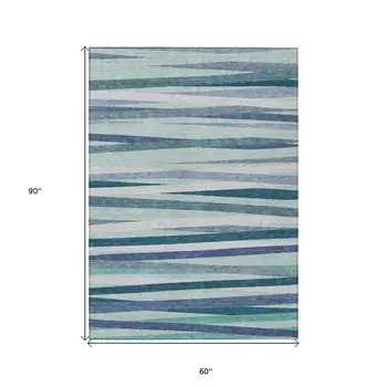 5' X 8' Teal Blue Gray And Ivory Striped Washable Indoor Outdoor Area Rug