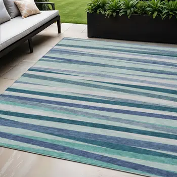 5' X 8' Teal Blue Gray And Ivory Striped Washable Indoor Outdoor Area Rug
