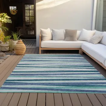 5' X 8' Teal Blue Gray And Ivory Striped Washable Indoor Outdoor Area Rug