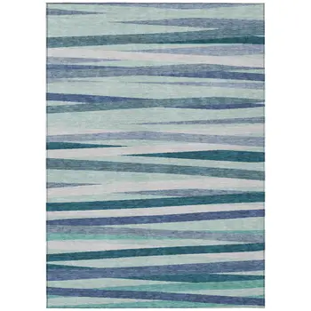 5' X 8' Teal Blue Gray And Ivory Striped Washable Indoor Outdoor Area Rug