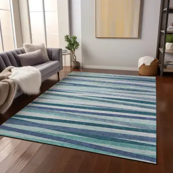 5' X 8' Teal Blue Gray And Ivory Striped Washable Indoor Outdoor Area Rug