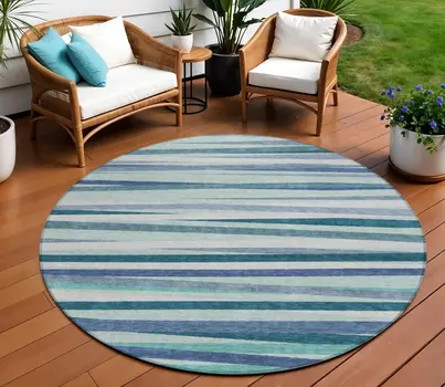 8' Teal Blue Gray And Ivory Round Striped Washable Indoor Outdoor Area Rug