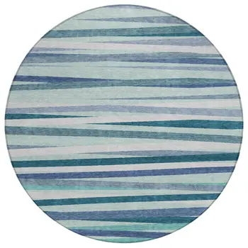 8' Teal Blue Gray And Ivory Round Striped Washable Indoor Outdoor Area Rug