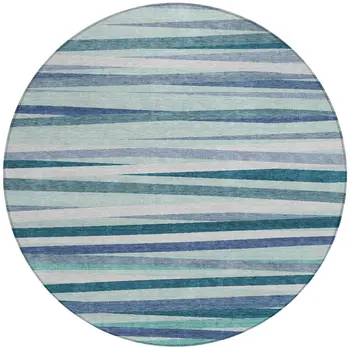8' Teal Blue Gray And Ivory Round Striped Washable Indoor Outdoor Area Rug