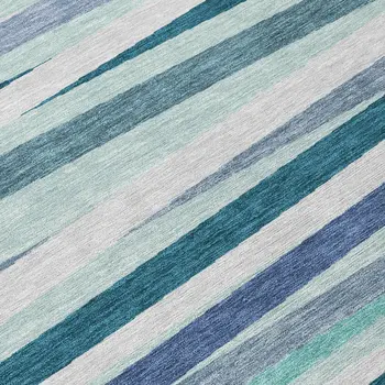 8' Teal Blue Gray And Ivory Round Striped Washable Indoor Outdoor Area Rug