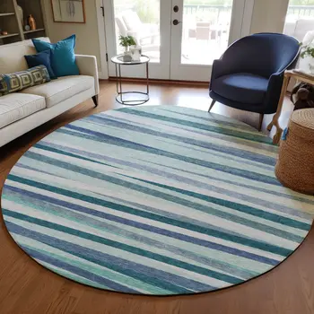 8' Teal Blue Gray And Ivory Round Striped Washable Indoor Outdoor Area Rug