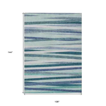 9' X 12' Teal Blue Gray And Ivory Striped Washable Indoor Outdoor Area Rug
