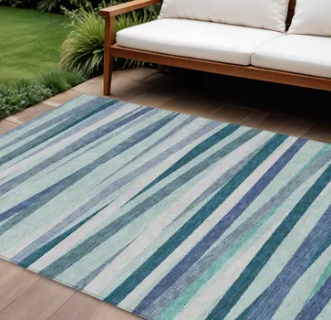9' X 12' Teal Blue Gray And Ivory Striped Washable Indoor Outdoor Area Rug