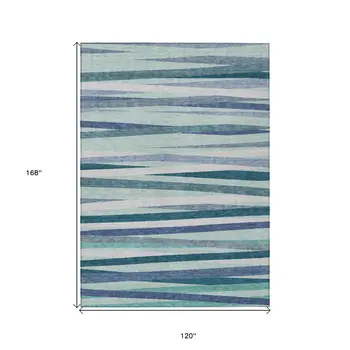 10' X 14' Teal Blue Gray And Ivory Striped Washable Indoor Outdoor Area Rug