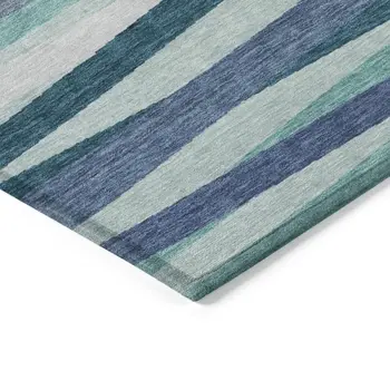 10' X 14' Teal Blue Gray And Ivory Striped Washable Indoor Outdoor Area Rug