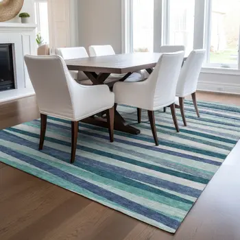 10' X 14' Teal Blue Gray And Ivory Striped Washable Indoor Outdoor Area Rug