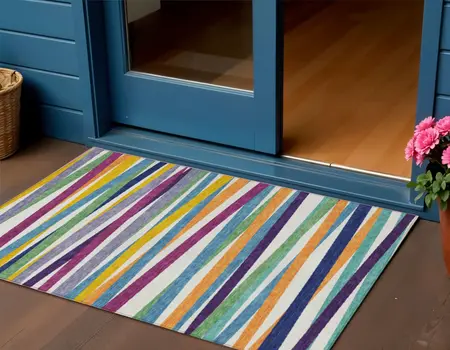 3' X 5' Blue Striped Washable Indoor Outdoor Area Rug