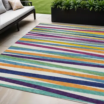 5' X 8' Blue Striped Washable Indoor Outdoor Area Rug