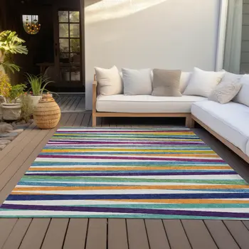 5' X 8' Blue Striped Washable Indoor Outdoor Area Rug