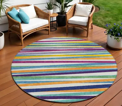 8' Blue Round Striped Washable Indoor Outdoor Area Rug
