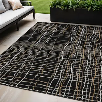 5' X 8' Black Ivory And Brown Striped Washable Indoor Outdoor Area Rug