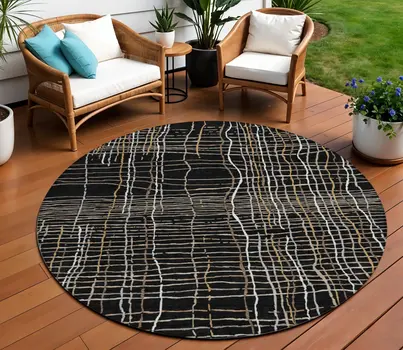 8' Black Ivory And Brown Round Striped Washable Indoor Outdoor Area Rug