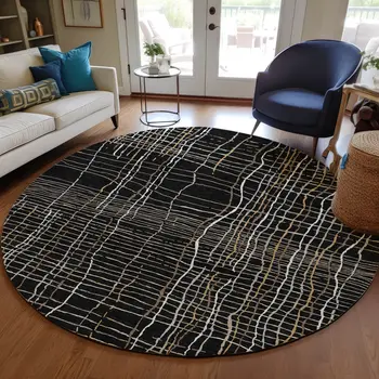 8' Black Ivory And Brown Round Striped Washable Indoor Outdoor Area Rug