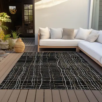8' X 10' Black Ivory And Brown Striped Washable Indoor Outdoor Area Rug