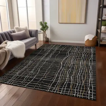 10' X 14' Black Ivory And Brown Striped Washable Indoor Outdoor Area Rug