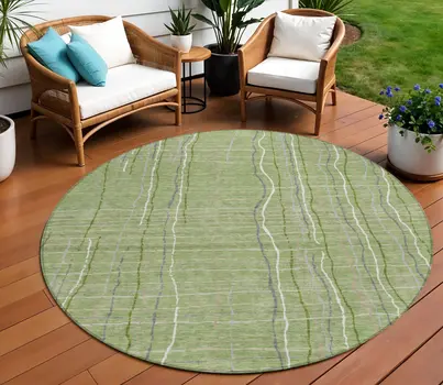 8' Green Ivory And Gray Round Striped Washable Indoor Outdoor Area Rug