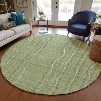 8' Green Ivory And Gray Round Striped Washable Indoor Outdoor Area Rug