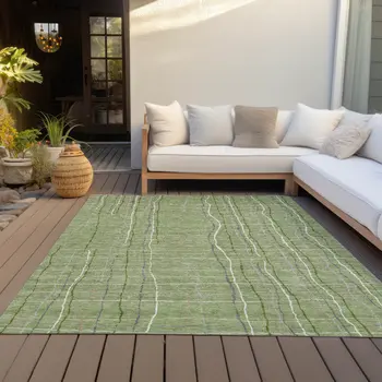 9' X 12' Green Ivory And Gray Striped Washable Indoor Outdoor Area Rug