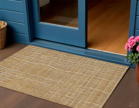 3' X 5' Gold Gray And Ivory Striped Washable Indoor Outdoor Area Rug