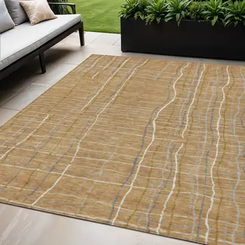 5' X 8' Gold Gray And Ivory Striped Washable Indoor Outdoor Area Rug