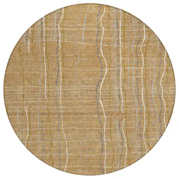 8' Gold Gray And Ivory Round Striped Washable Indoor Outdoor Area Rug