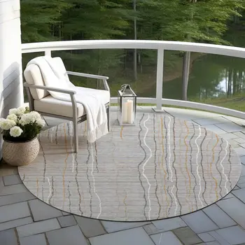 8' Gray Brown And Ivory Round Striped Washable Indoor Outdoor Area Rug