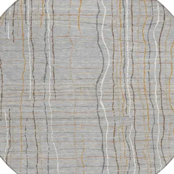 8' Gray Brown And Ivory Round Striped Washable Indoor Outdoor Area Rug