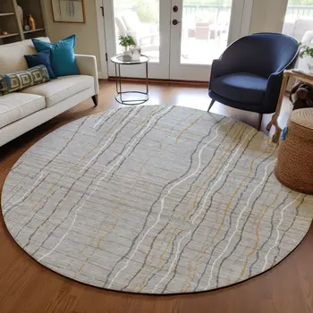 8' Gray Brown And Ivory Round Striped Washable Indoor Outdoor Area Rug