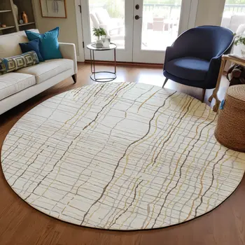 8' Ivory Brown And Gold Round Striped Washable Indoor Outdoor Area Rug