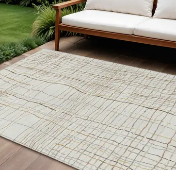 9' X 12' Ivory Brown And Gold Striped Washable Indoor Outdoor Area Rug