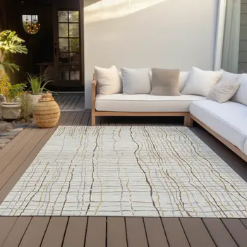 10' X 14' Ivory Brown And Gold Striped Washable Indoor Outdoor Area Rug