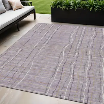 5' X 8' Lavender Ivory And Gray Striped Washable Indoor Outdoor Area Rug