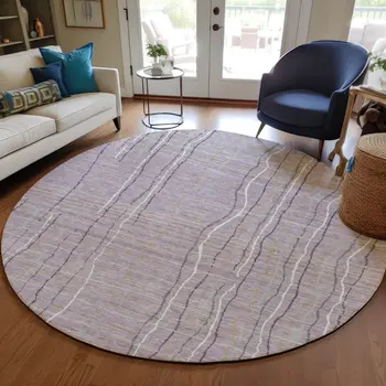 8' Lavender Ivory And Gray Round Striped Washable Indoor Outdoor Area Rug