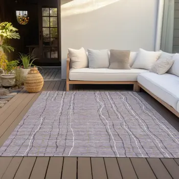 8' X 10' Lavender Ivory And Gray Striped Washable Indoor Outdoor Area Rug