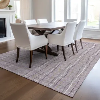 9' X 12' Lavender Ivory And Gray Striped Washable Indoor Outdoor Area Rug
