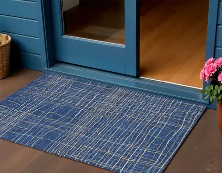 3' X 5' Navy Blue Gray And Brown Striped Washable Indoor Outdoor Area Rug